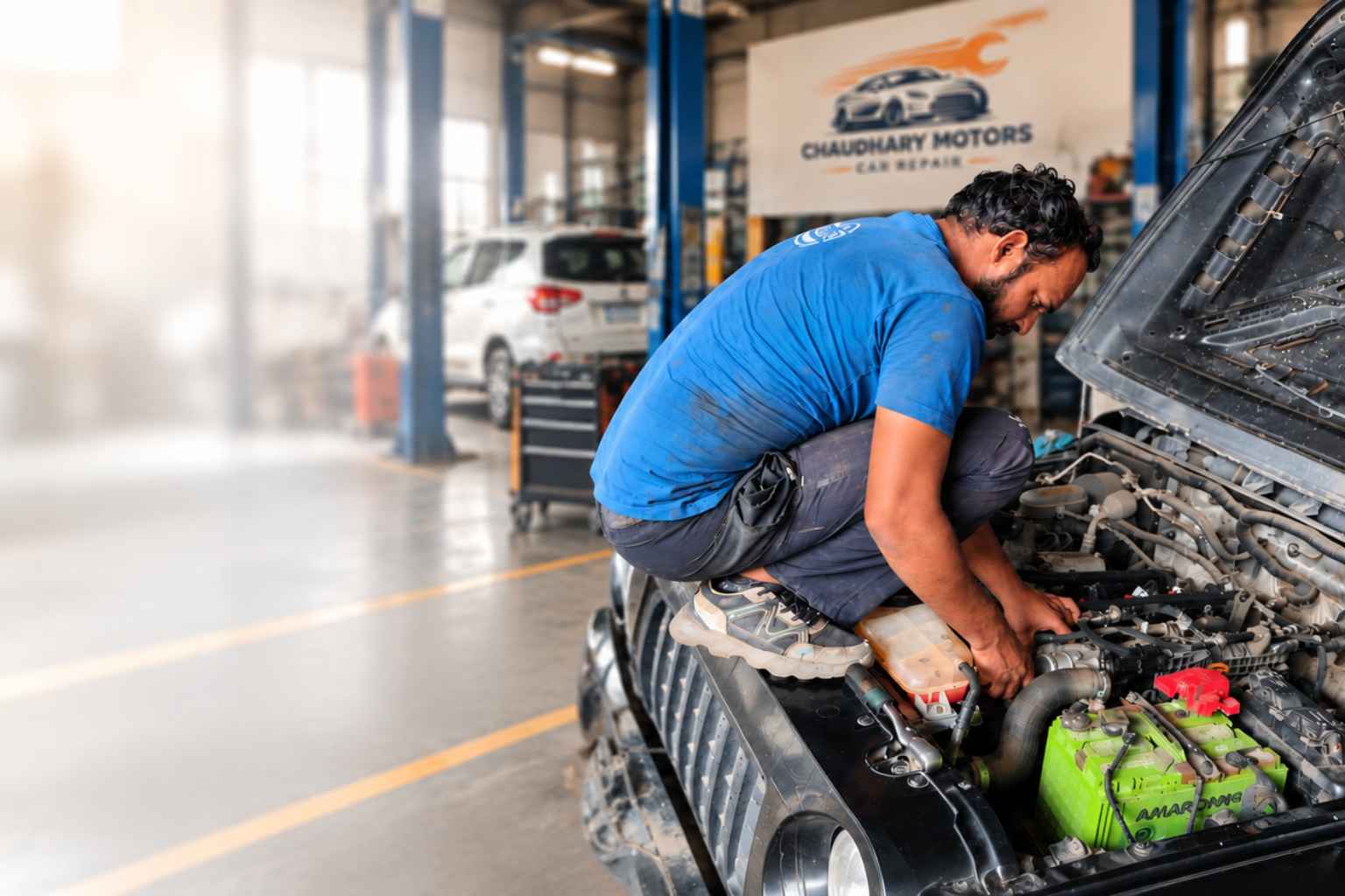 Service bay at Chaudhary Motors, Greater Noida Westa car engine at chaudhary motors car repair workshop
